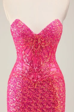 Sparkly Fuchsia Sereia Strapless Long Prom Dress com Fenda