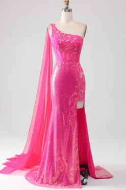 Sparkly Fuchsia Sereia Um Ombro Appliques Vestido de Baile Com Fenda