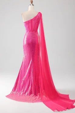 Sparkly Fuchsia Sereia Um Ombro Appliques Vestido de Baile Com Fenda