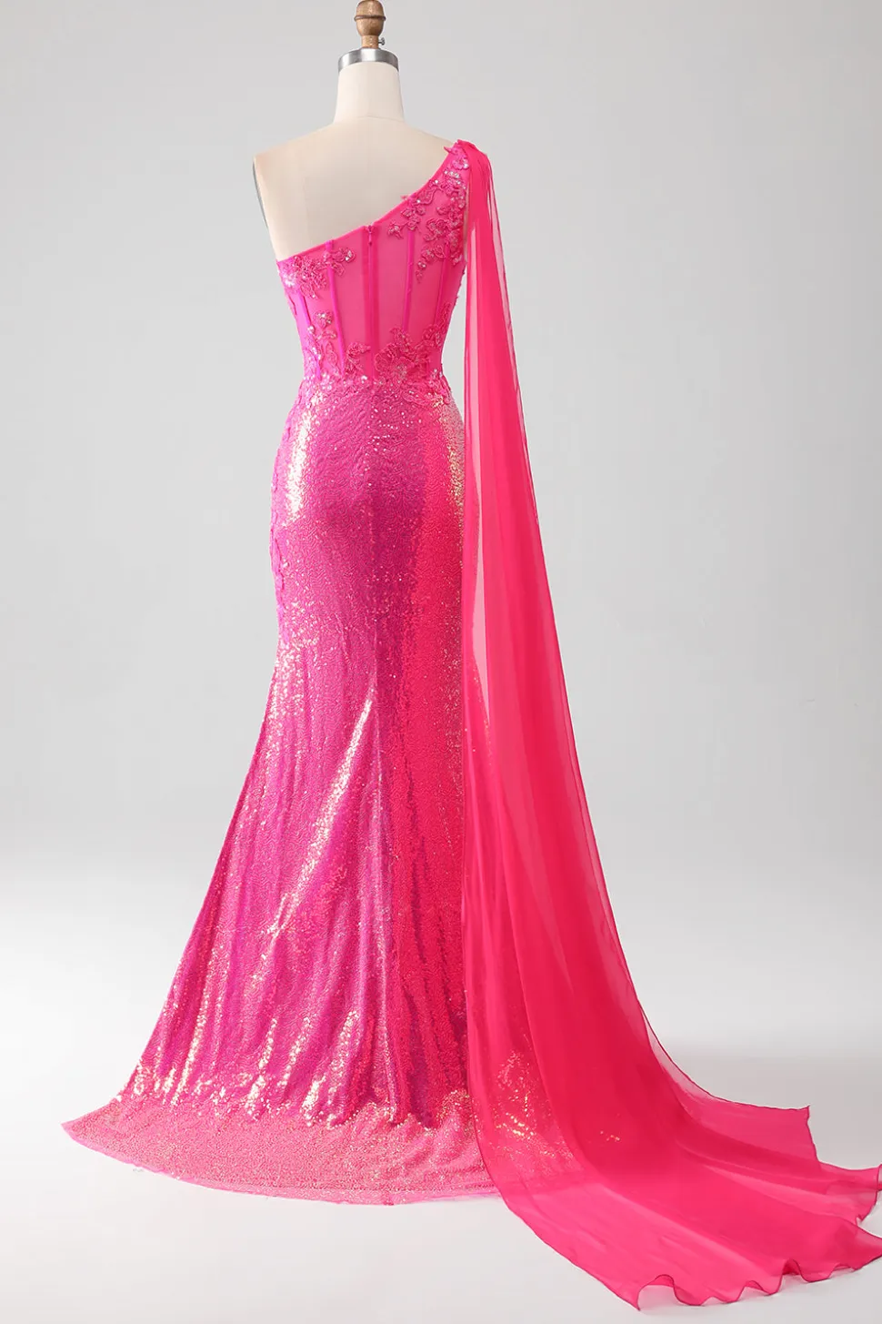 Sparkly Fuchsia Sereia Um Ombro Appliques Vestido de Baile Com Fenda