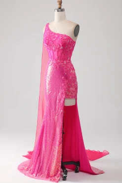 Sparkly Fuchsia Sereia Um Ombro Appliques Vestido de Baile Com Fenda