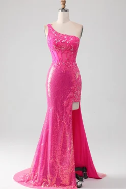 Sparkly Fuchsia Sereia Um Ombro Appliques Vestido de Baile Com Fenda