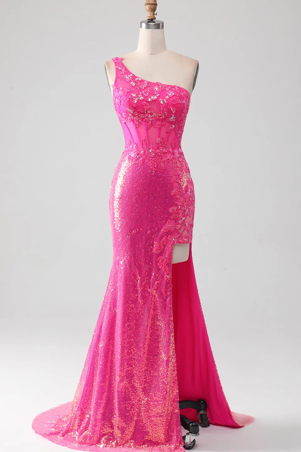 Sparkly Fuchsia Sereia Um Ombro Appliques Vestido de Baile Com Fenda
