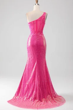 Sparkly Fuchsia Sereia Um Ombro Appliques Vestido de Baile Com Fenda