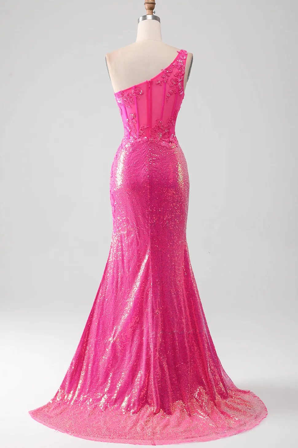 Sparkly Fuchsia Sereia Um Ombro Appliques Vestido de Baile Com Fenda