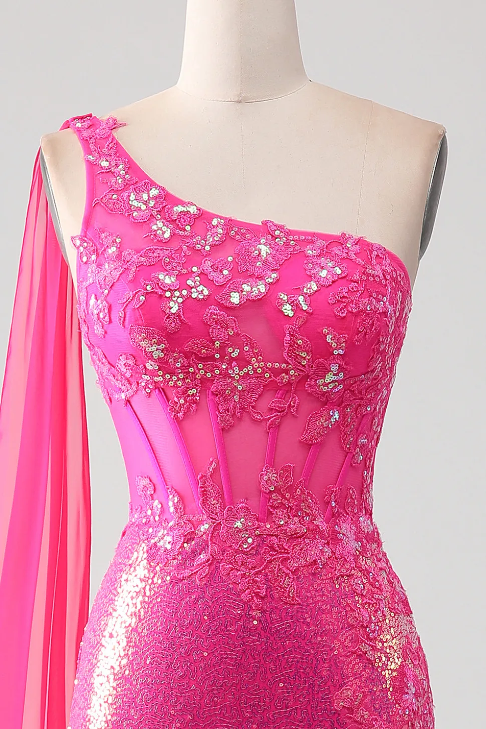 Sparkly Fuchsia Sereia Um Ombro Appliques Vestido de Baile Com Fenda