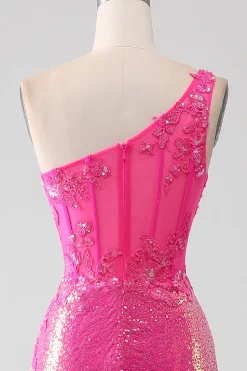 Sparkly Fuchsia Sereia Um Ombro Appliques Vestido de Baile Com Fenda