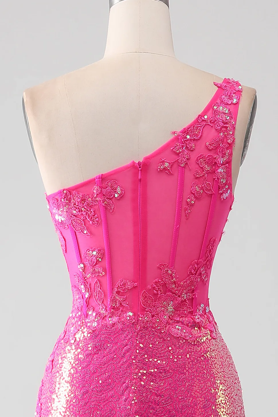 Sparkly Fuchsia Sereia Um Ombro Appliques Vestido de Baile Com Fenda