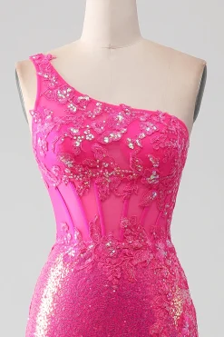 Sparkly Fuchsia Sereia Um Ombro Appliques Vestido de Baile Com Fenda