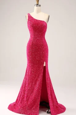 Sparkly Fuchsia Sereia Um Ombro Longo Vestido de Baile de Lantejoulas com Fenda