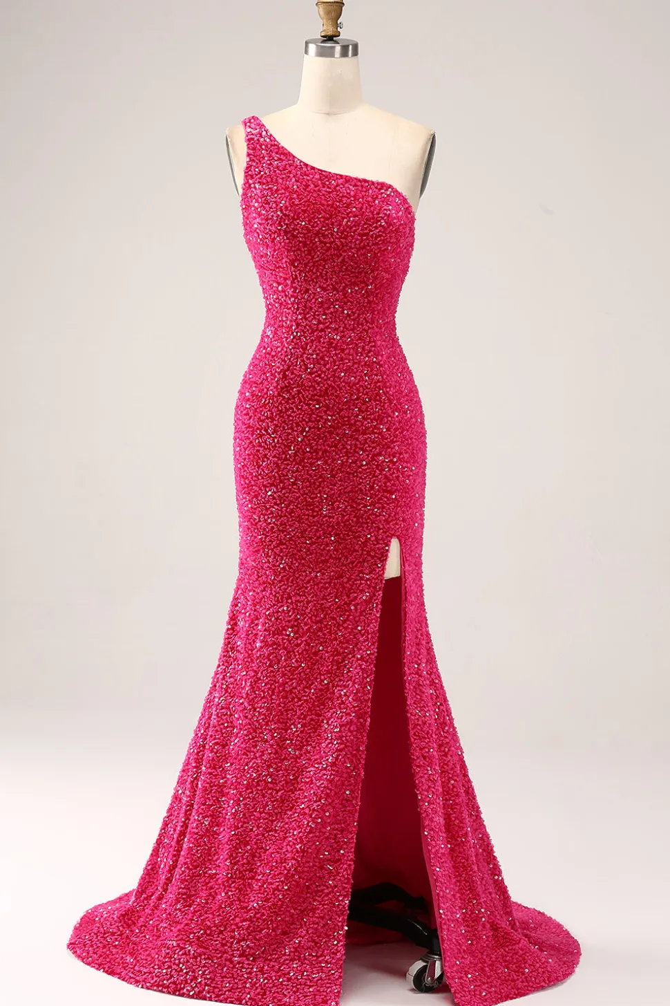 Sparkly Fuchsia Sereia Um Ombro Longo Vestido de Baile de Lantejoulas com Fenda