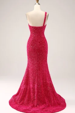Sparkly Fuchsia Sereia Um Ombro Longo Vestido de Baile de Lantejoulas com Fenda