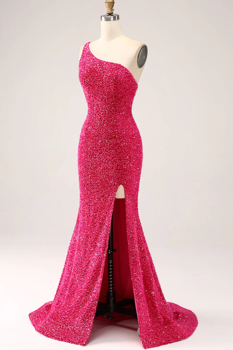 Sparkly Fuchsia Sereia Um Ombro Longo Vestido de Baile de Lantejoulas com Fenda
