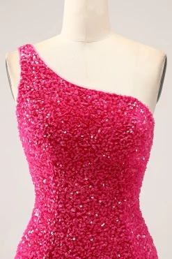 Sparkly Fuchsia Sereia Um Ombro Longo Vestido de Baile de Lantejoulas com Fenda