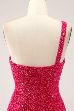 Sparkly Fuchsia Sereia Um Ombro Longo Vestido de Baile de Lantejoulas com Fenda