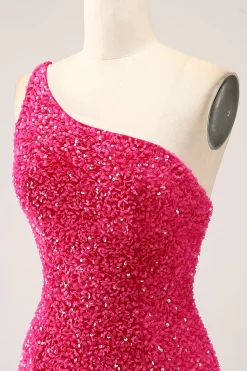 Sparkly Fuchsia Sereia Um Ombro Longo Vestido de Baile de Lantejoulas com Fenda