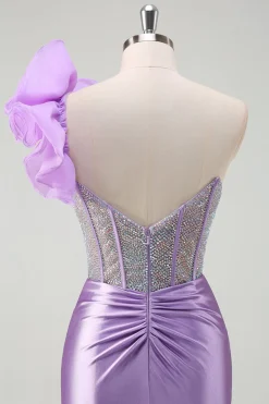 Sparkly Fuchsia Sereia Um Ombro Removível Ruffles Long Prom Dress com Fenda