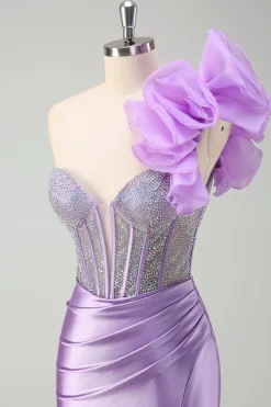 Sparkly Fuchsia Sereia Um Ombro Removível Ruffles Long Prom Dress com Fenda