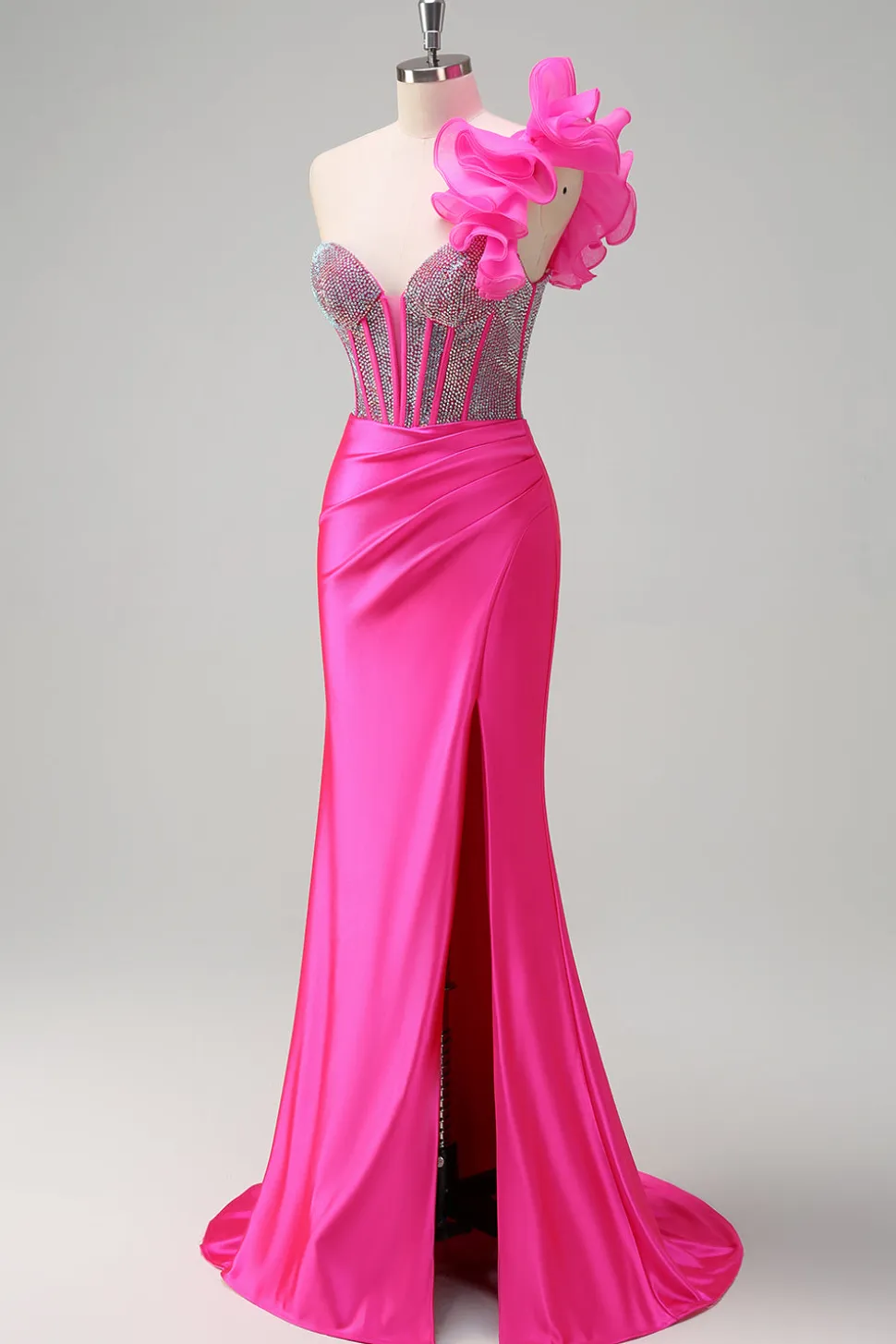 Sparkly Fuchsia Sereia Um Ombro Removível Ruffles Long Prom Dress com Fenda