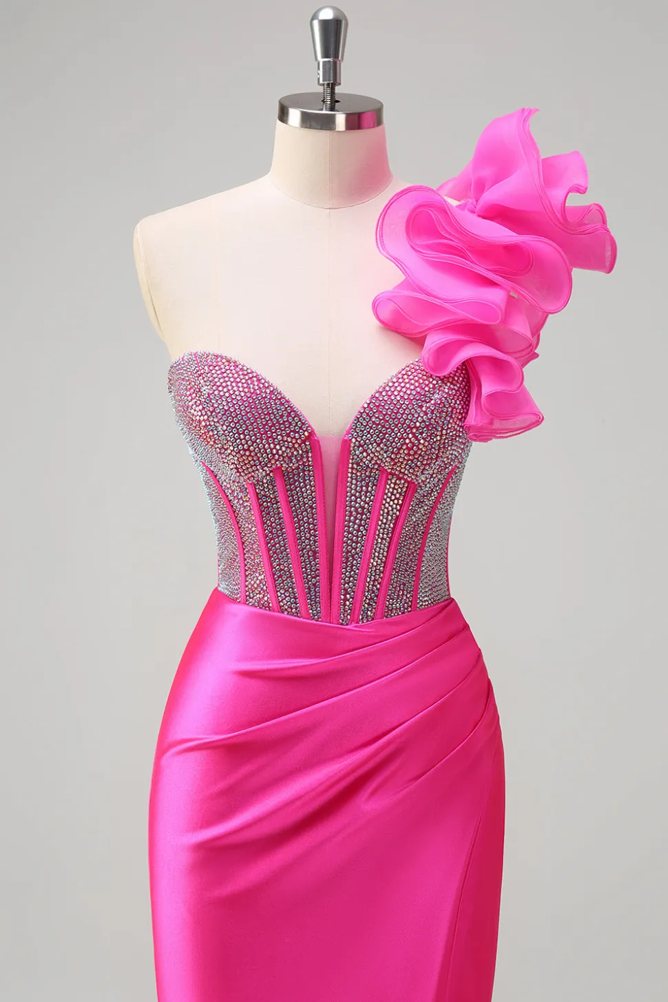 Sparkly Fuchsia Sereia Um Ombro Removível Ruffles Long Prom Dress com Fenda