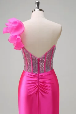 Sparkly Fuchsia Sereia Um Ombro Removível Ruffles Long Prom Dress com Fenda
