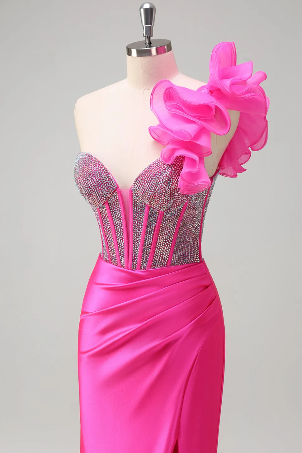 Sparkly Fuchsia Sereia Um Ombro Removível Ruffles Long Prom Dress com Fenda