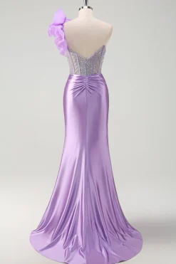 Sparkly Fuchsia Sereia Um Ombro Removível Ruffles Long Prom Dress com Fenda