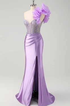 Sparkly Fuchsia Sereia Um Ombro Removível Ruffles Long Prom Dress com Fenda