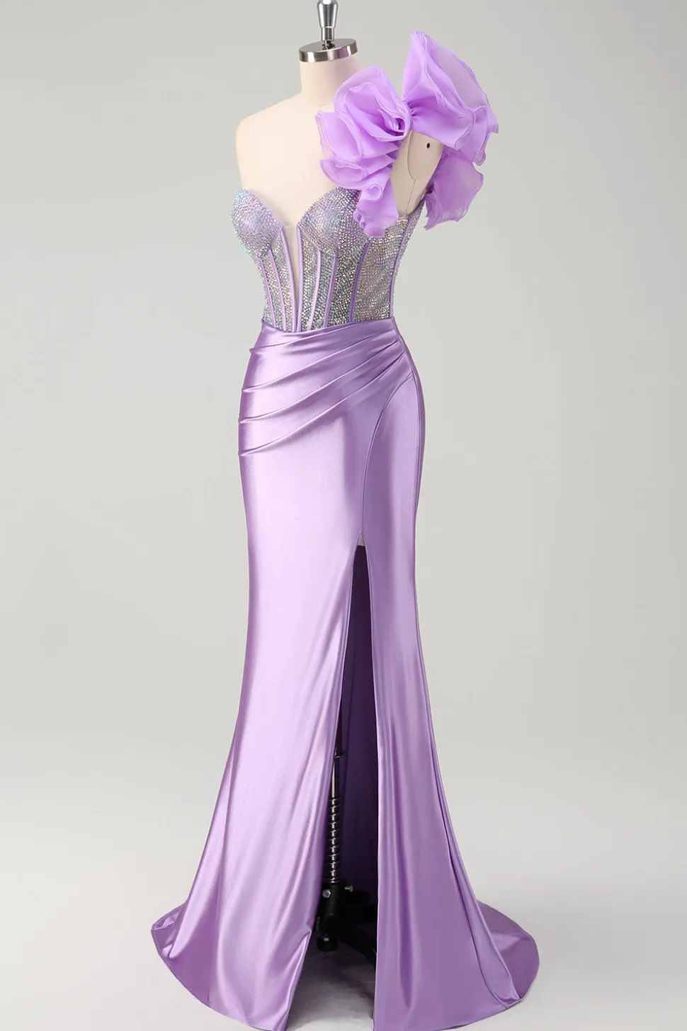 Sparkly Fuchsia Sereia Um Ombro Removível Ruffles Long Prom Dress com Fenda