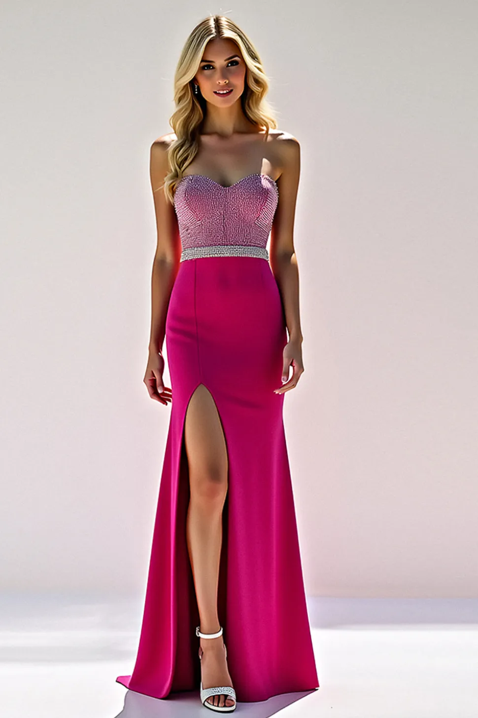 Sparkly Fuchsia Strapless bainha vestido de baile com fenda