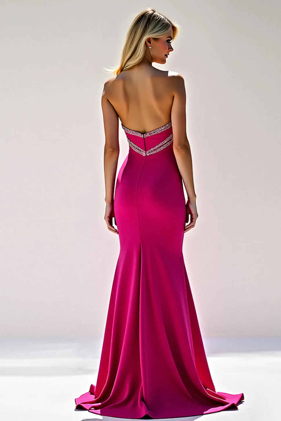 Sparkly Fuchsia Strapless bainha vestido de baile com fenda