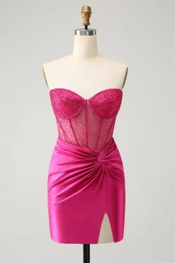 Sparkly Fuchsia Tight Beaded Corset Strapless Homecoming Vestido
