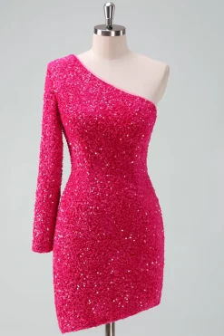 Sparkly Fuchsia Um ombro lantejoulas apertado curto Homecoming Dress com franja
