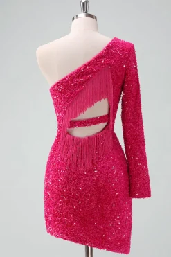 Sparkly Fuchsia Um ombro lantejoulas apertado curto Homecoming Dress com franja