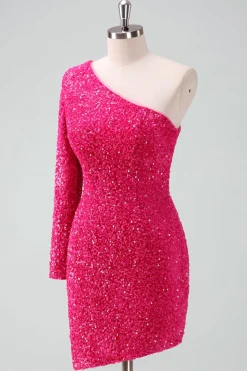 Sparkly Fuchsia Um ombro lantejoulas apertado curto Homecoming Dress com franja