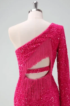Sparkly Fuchsia Um ombro lantejoulas apertado curto Homecoming Dress com franja