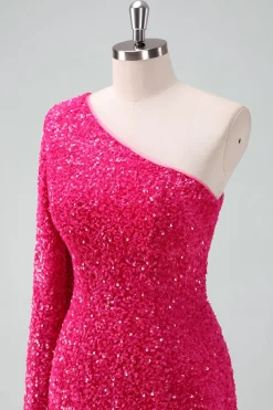 Sparkly Fuchsia Um ombro lantejoulas apertado curto Homecoming Dress com franja