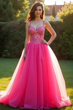 Sparkly Fuchsia Uma Linha Esparguete Correias Long Tulle Prom Dress Com Sequins