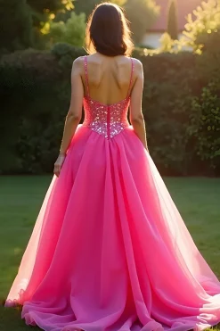 Sparkly Fuchsia Uma Linha Esparguete Correias Long Tulle Prom Dress Com Sequins