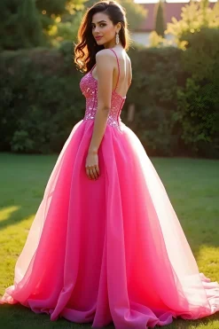 Sparkly Fuchsia Uma Linha Esparguete Correias Long Tulle Prom Dress Com Sequins