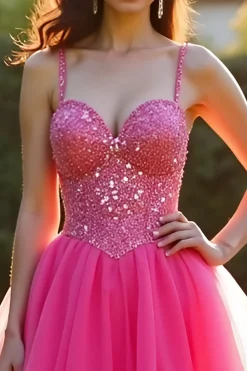 Sparkly Fuchsia Uma Linha Esparguete Correias Long Tulle Prom Dress Com Sequins