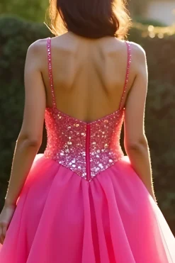 Sparkly Fuchsia Uma Linha Esparguete Correias Long Tulle Prom Dress Com Sequins
