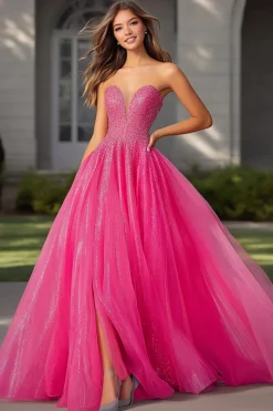 Sparkly Fuchsia Uma linha sem alças lantejoulas longo vestido de baile com fenda