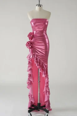 Sparkly Fuchsia Vestido de baile metálico sem alças com fenda