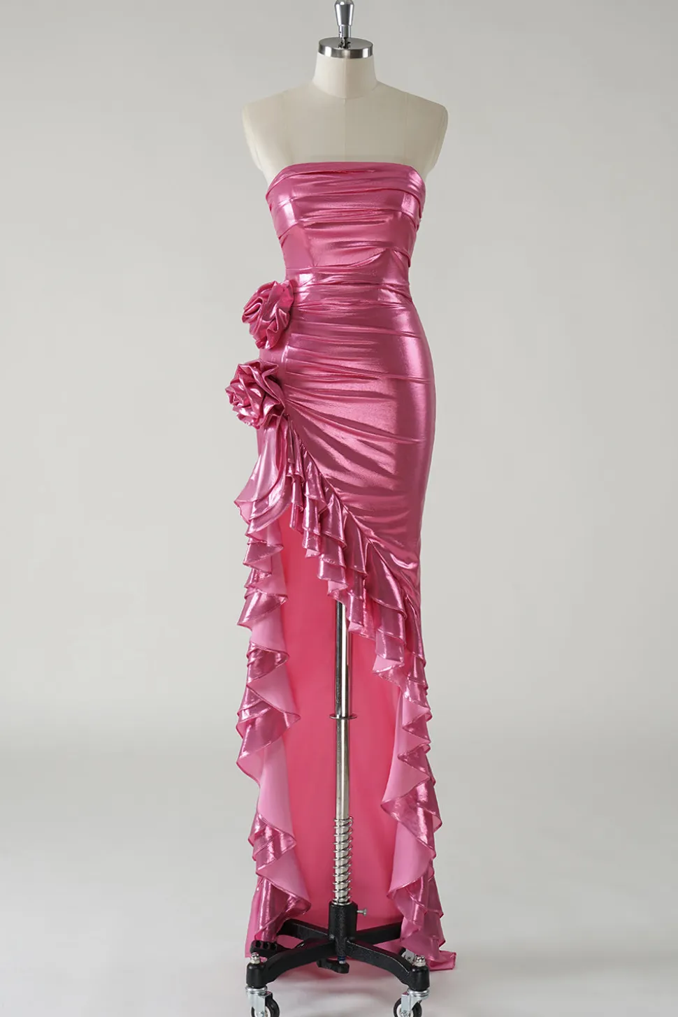 Sparkly Fuchsia Vestido de baile metálico sem alças com fenda