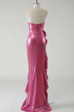 Sparkly Fuchsia Vestido de baile metálico sem alças com fenda