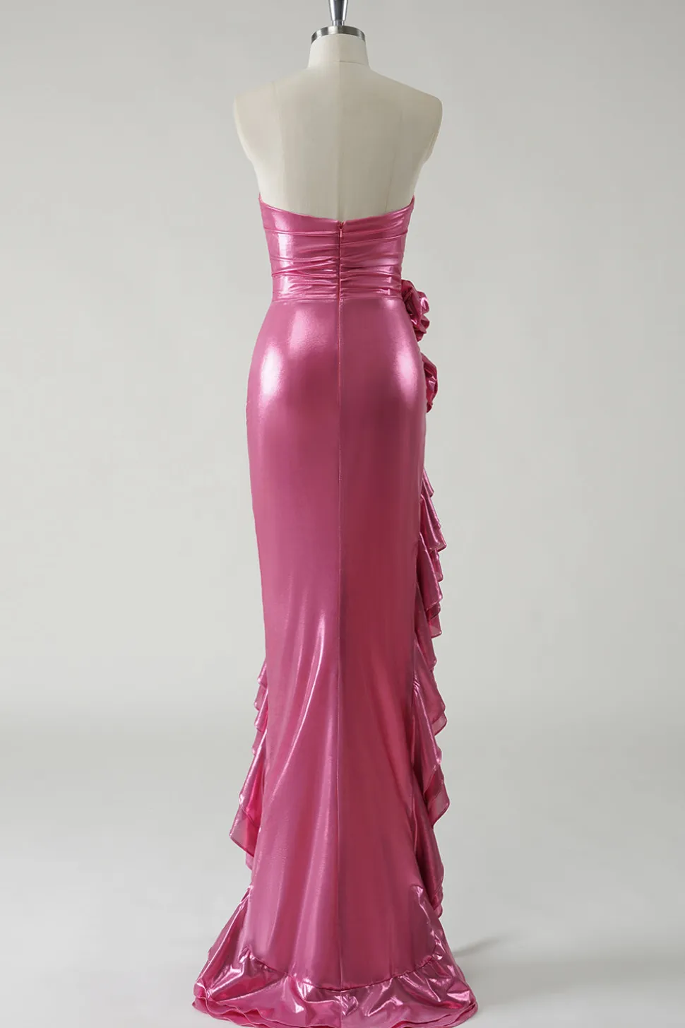 Sparkly Fuchsia Vestido de baile metálico sem alças com fenda