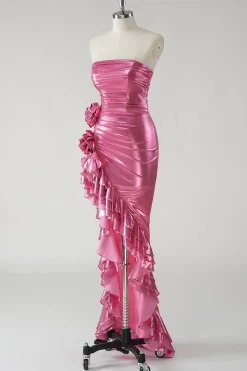 Sparkly Fuchsia Vestido de baile metálico sem alças com fenda