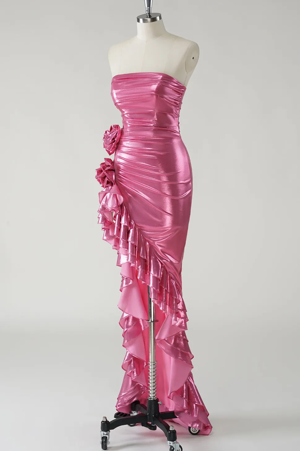 Sparkly Fuchsia Vestido de baile metálico sem alças com fenda