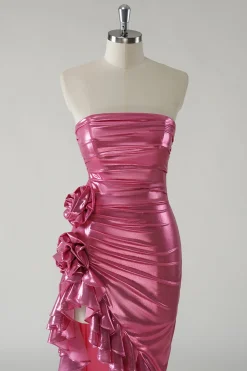 Sparkly Fuchsia Vestido de baile metálico sem alças com fenda